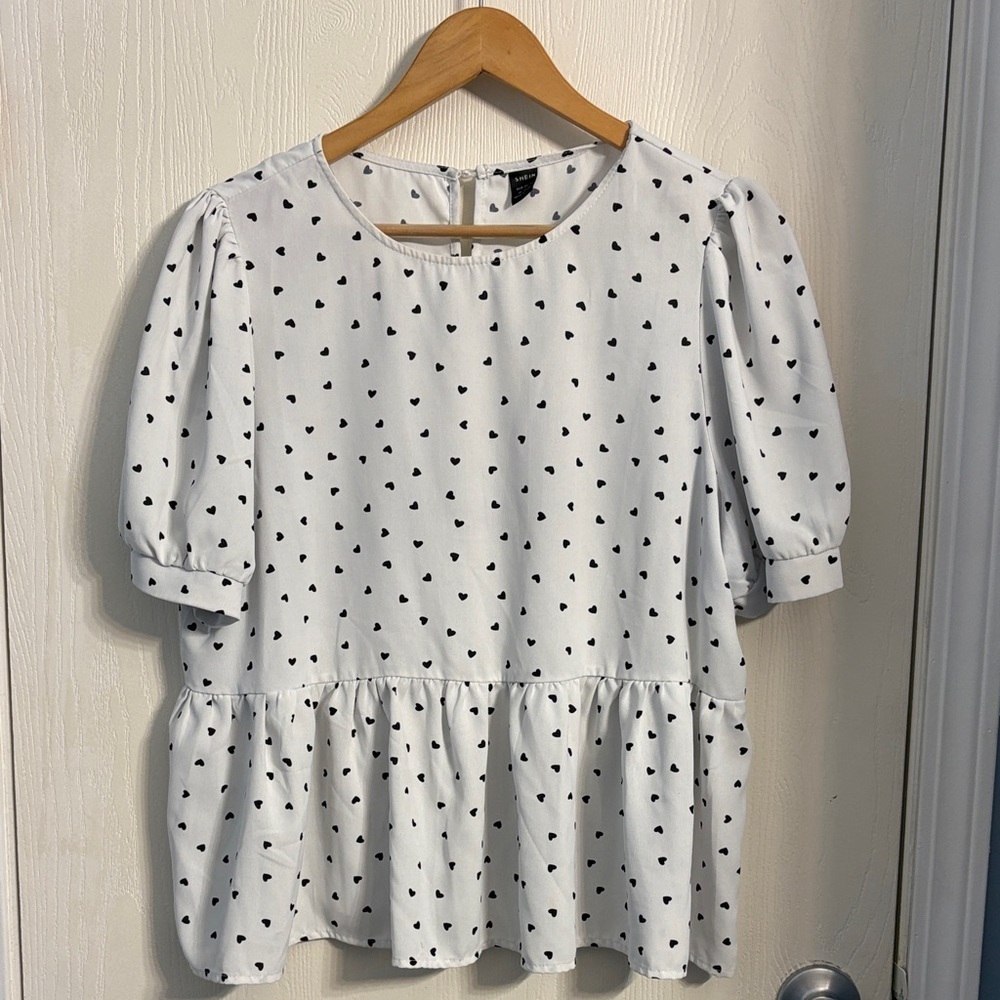 SHEIN White Top with Black Heart Print